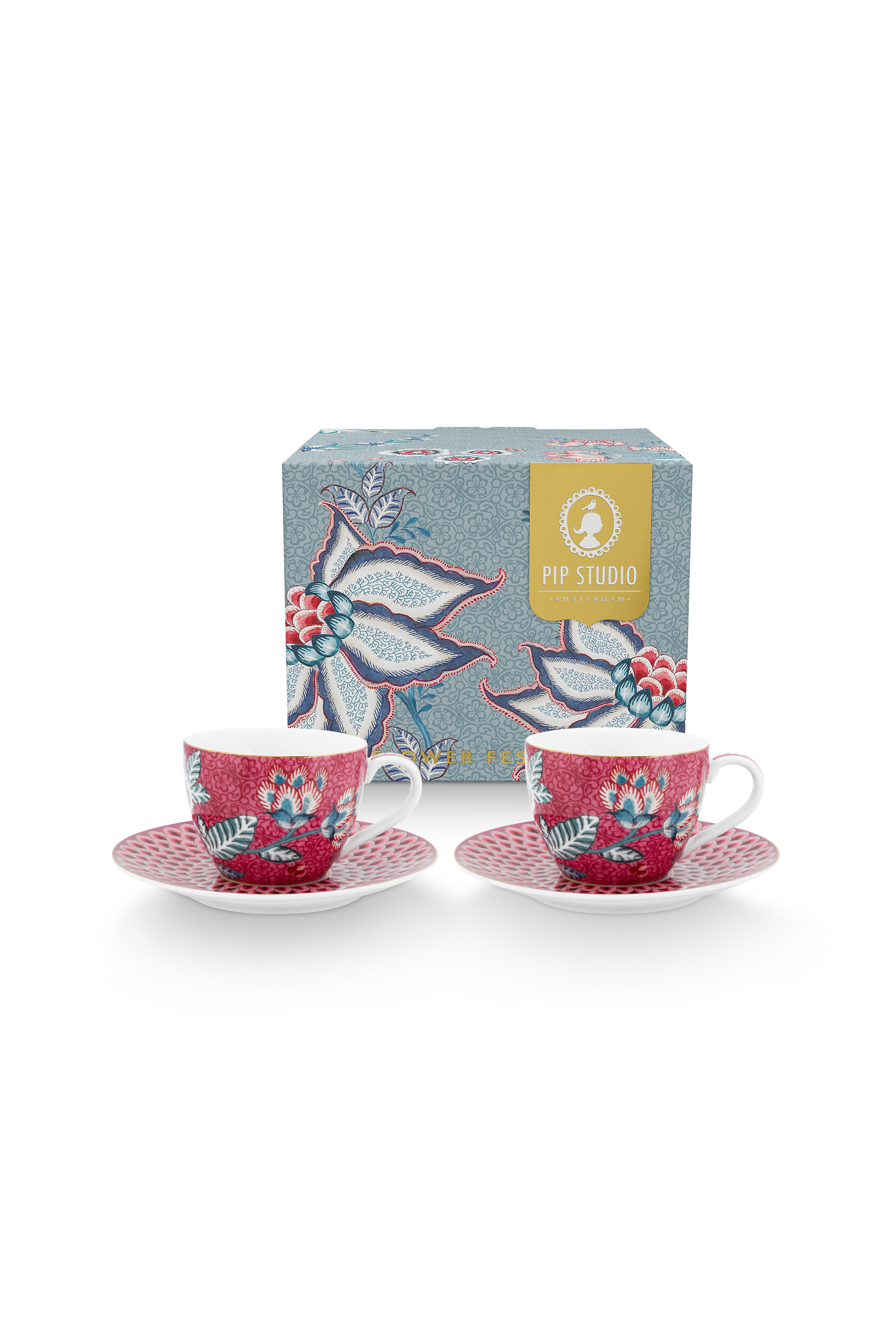 Pip Studio Flower Festival sada 2 espresso šálků s podšálky, tmavě růžová