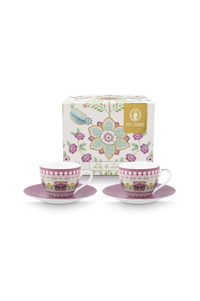 Pip Studio Lily & Lotus sada 2ks espresso šálků s podšálky 100ml, lila