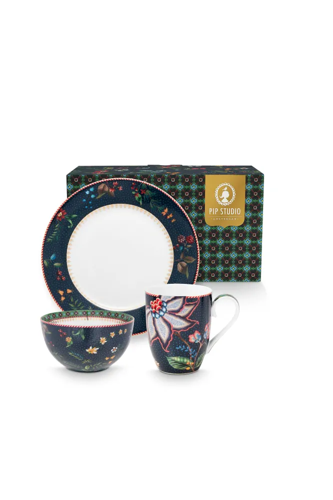 Pip Studio porcelánová sada Berry Blues snídaňová, 3 dílná