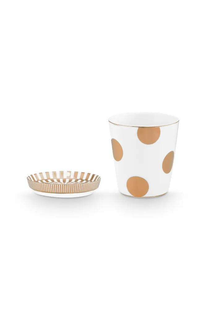 Pip Studio Dot Delight hrnek bez ucha s odkládacím táckem 270ml, bílo-zlatý