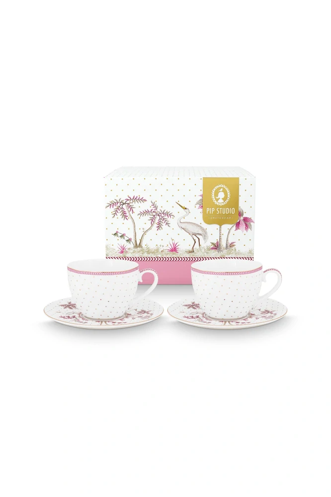 Pip Studio Jolie Dots Gold sada 2 ks cappuccino šálků s podšálky 270ml, růžová