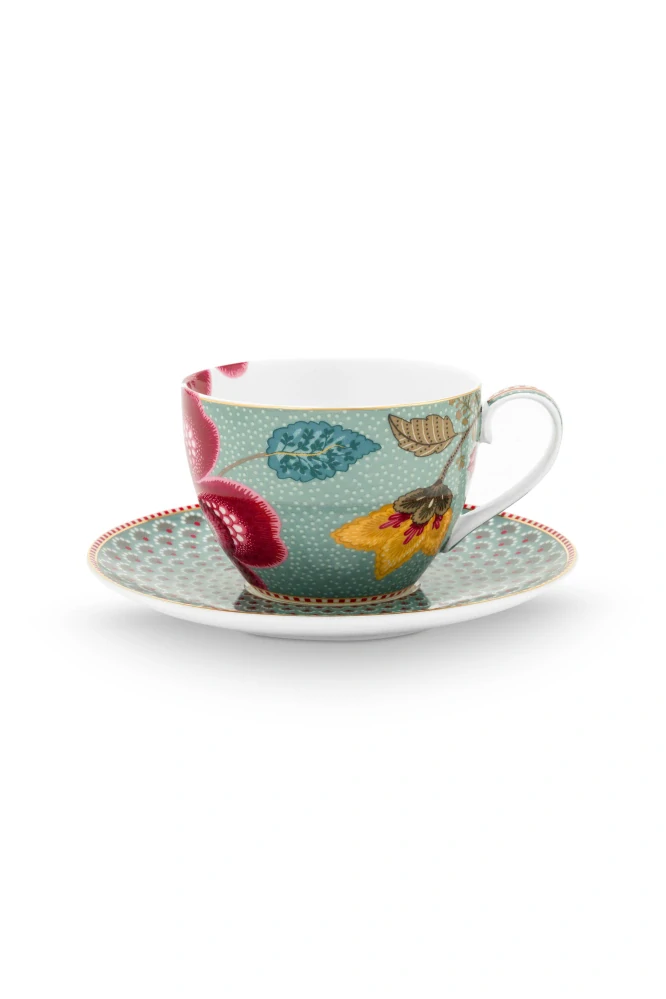Pip Studio Blooming Tales cappuccino šálek s podšálkem 270ml, modrý