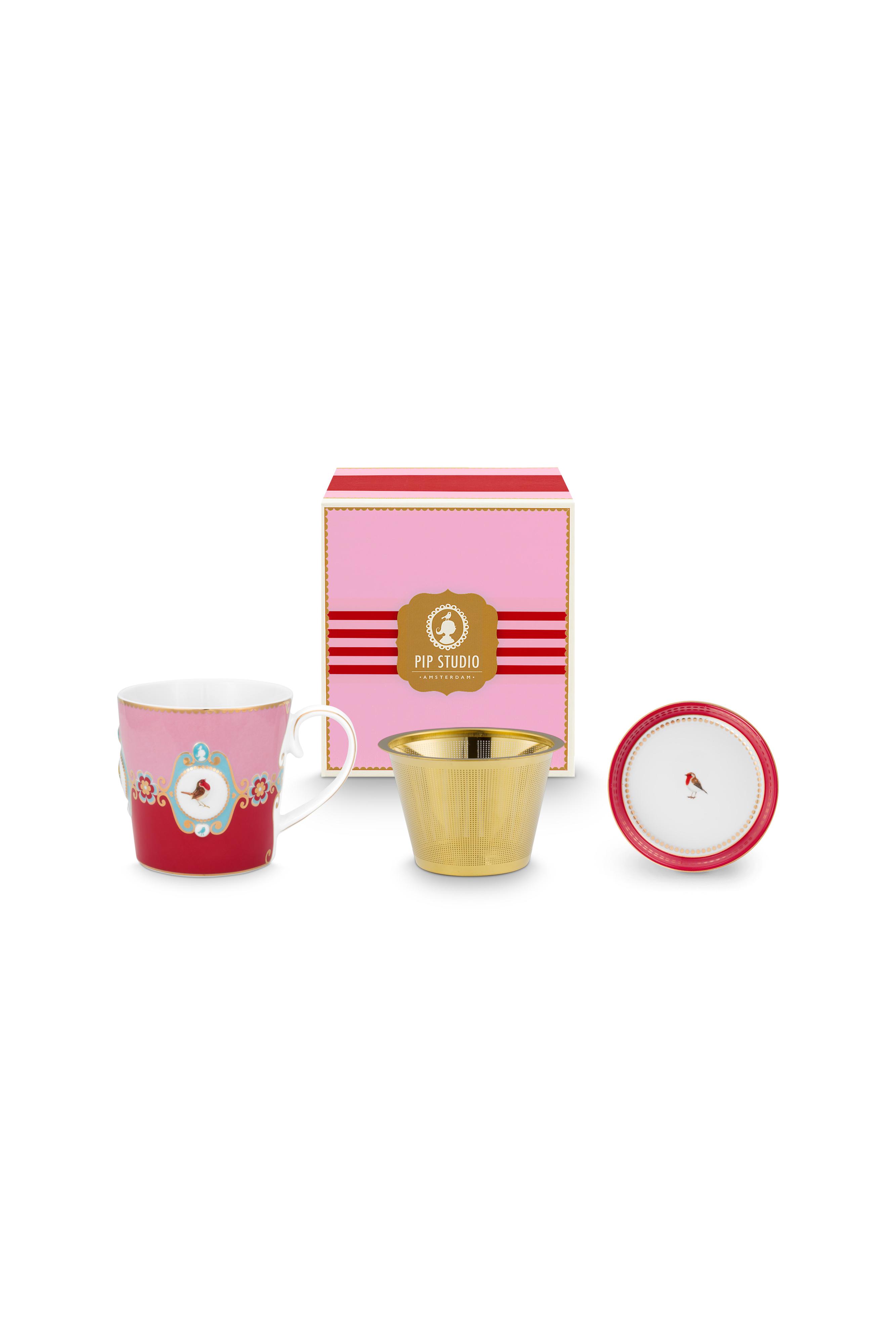 Pip Studio Love Birds sada na čaj pro jednoho 225 ml, červeno-růžová
