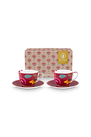 Pip Studio Blooming Tales set 2 ks cappuccino šálků 270 ml - tmavě červený