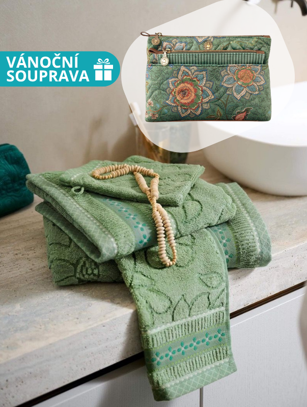 Set ručníku Jasmin Jacquard a kosmetické tašky Mumbai Morning - zelený