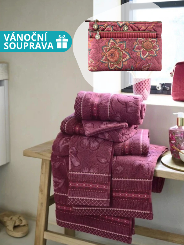 Set ručníku Jasmin Jacquard a kosmetické tašky Mumbai Morning - růžový