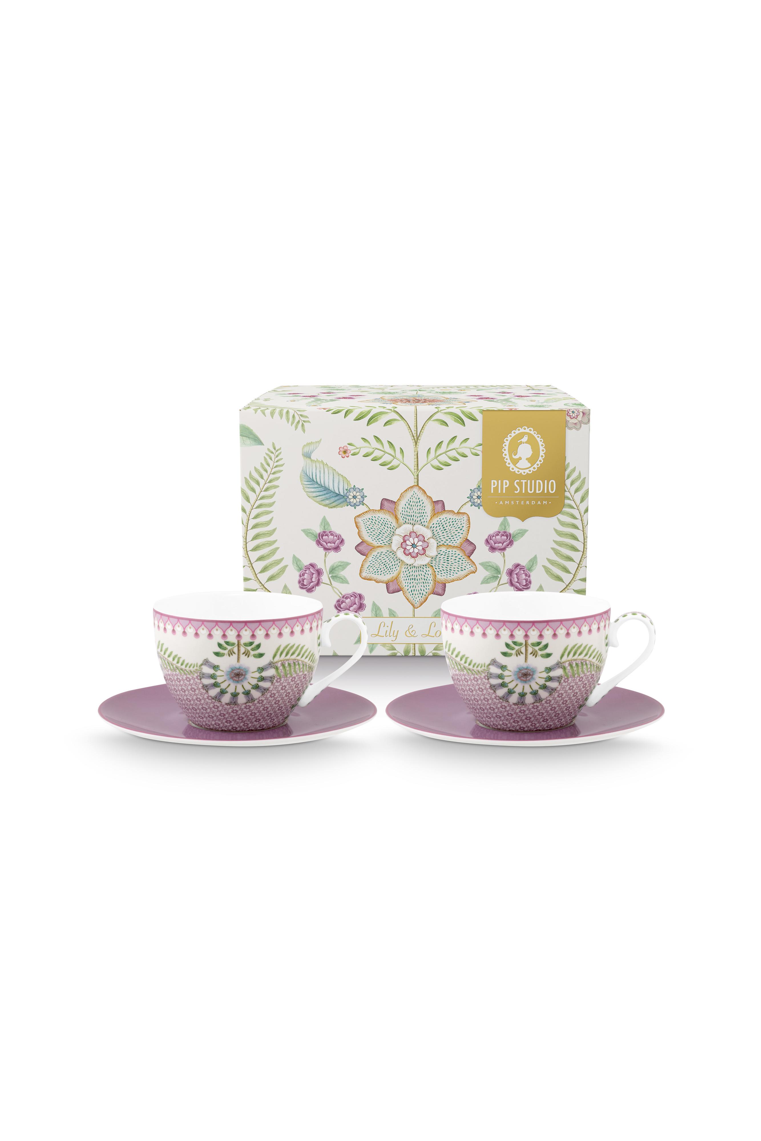 Pip Studio Lily & Lotus sada 2ks cappuccino šálků s podšálky 270ml, lila