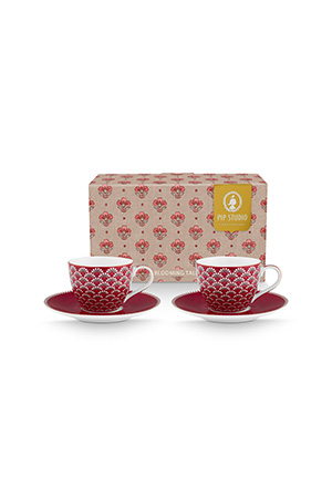 Pip Studio Blooming Tales set 2 ks espresso šálků 100 ml - tmavě červený