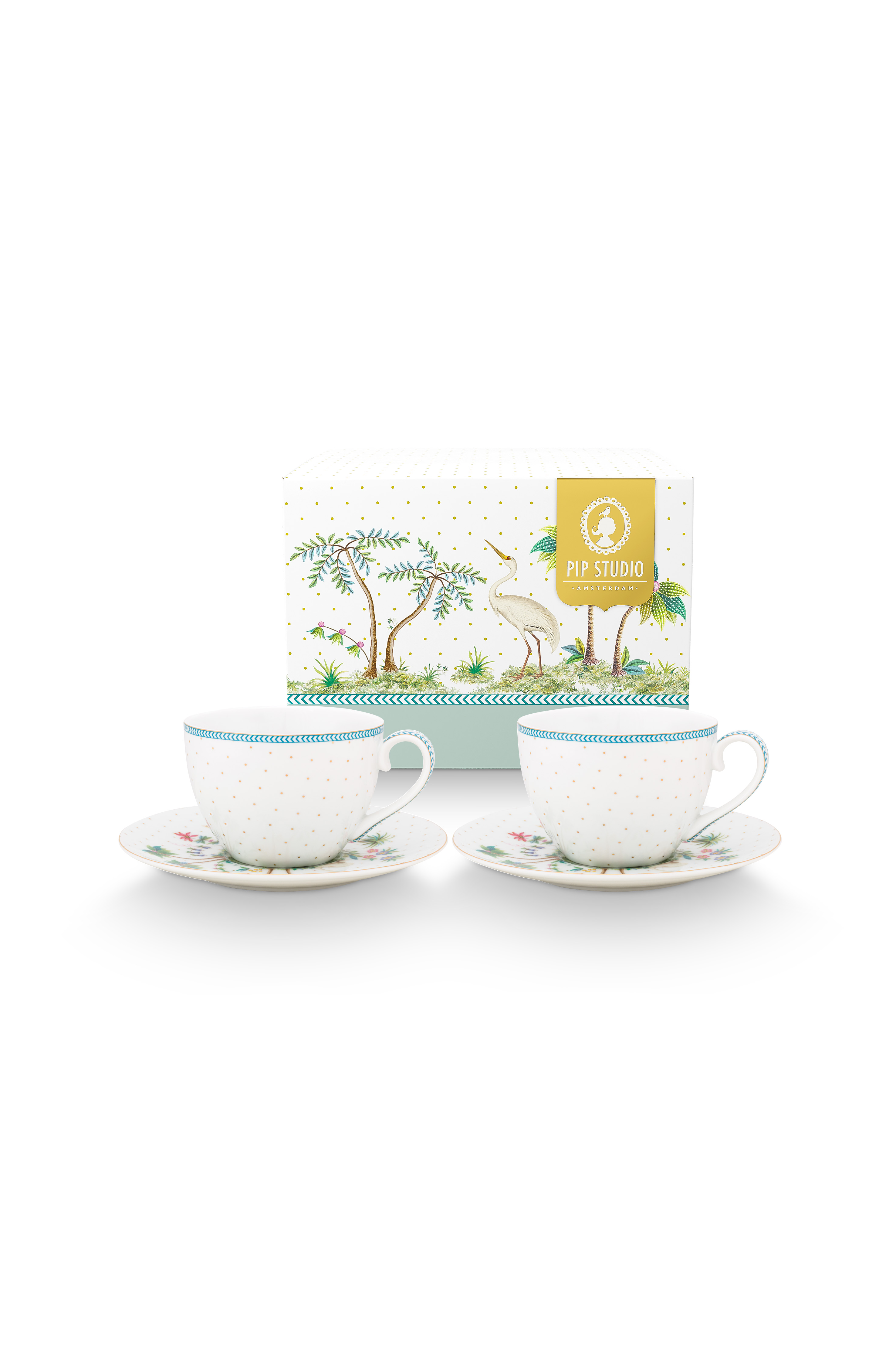 Pip Studio Jolie Dots Gold sada 2 ks cappuccino šálků s podšálky 270ml, bílá