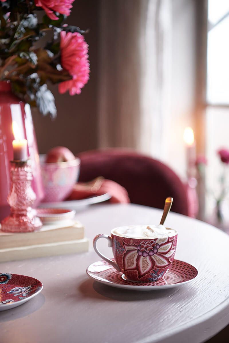 Pip Studio Flower Festival sada 2 espresso šálků s podšálky, tmavě růžová