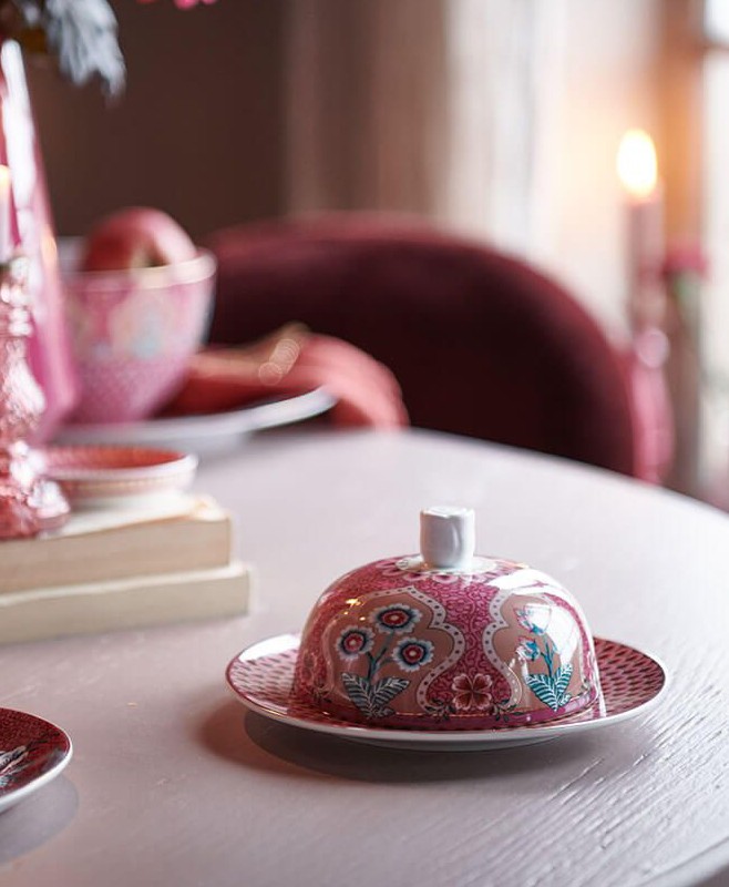 Pip Studio Flower Festival máselnice 17x8cm, tmavě růžová