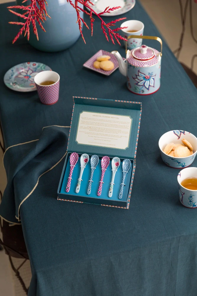 Pip Studio Flower Festival Oriental sada 6 kusů porcelánových lžiček 13cm, modrá