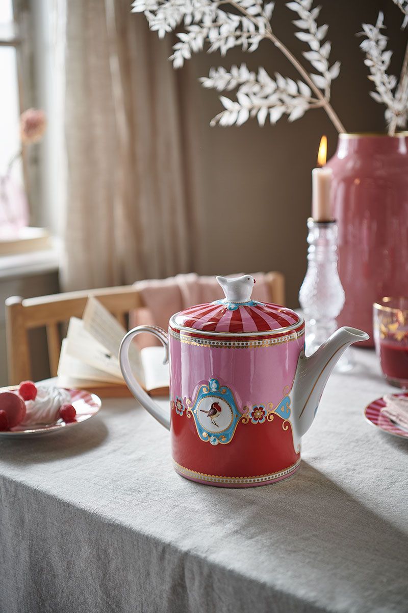 Pip Studio Love Birds čajová konvice 1,3l, červeno-růžová