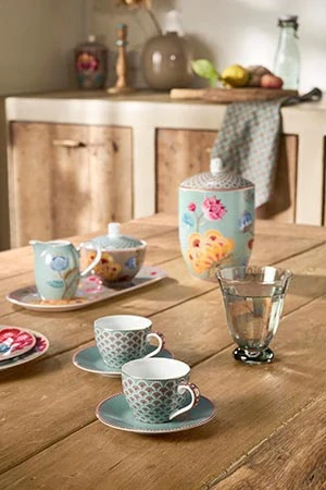Pip Studio Blooming Tales sada 2ks šálků s podšálky 100ml, modré