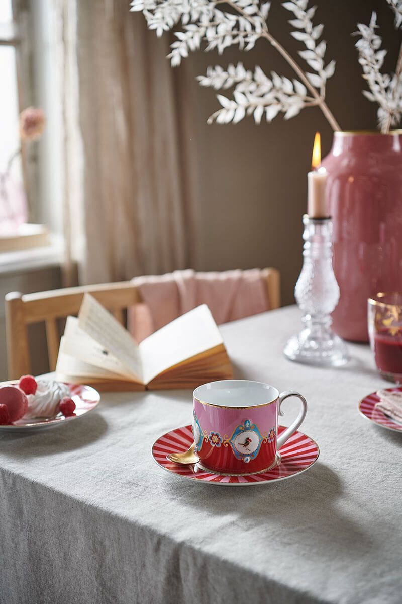 Pip Studio Love Birds sada 2 ks cappuccino šálků s podšálky 225 ml, červeno-růžová