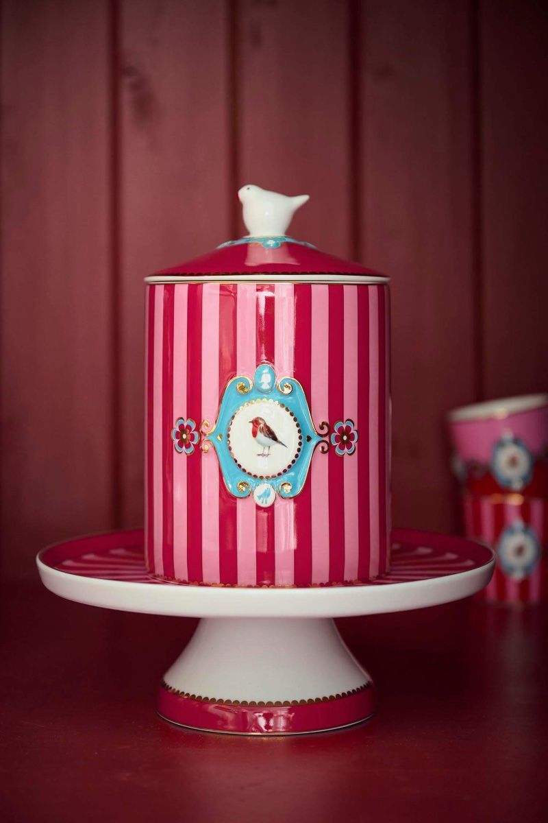 Pip Studio Love Birds Strispes dóza 1,3 l - červeno-růžová