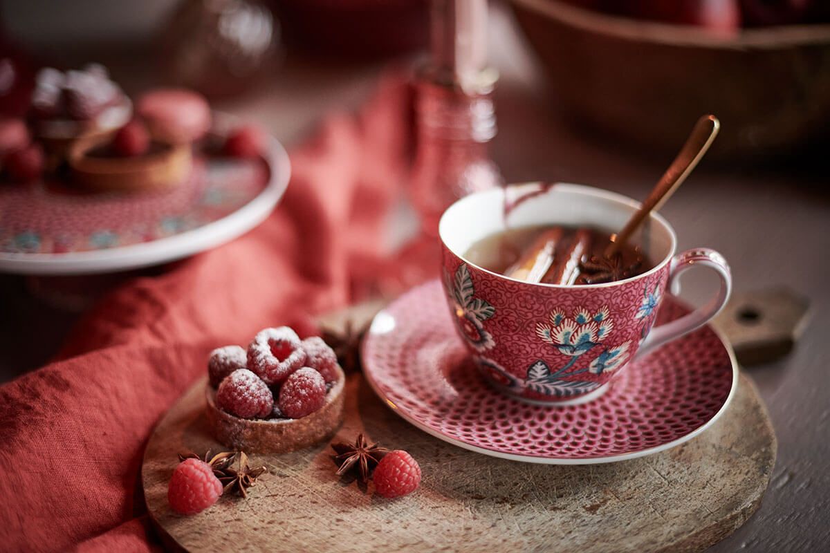 Pip Studio Flower Festival sada 2 espresso šálků s podšálky, tmavě růžová