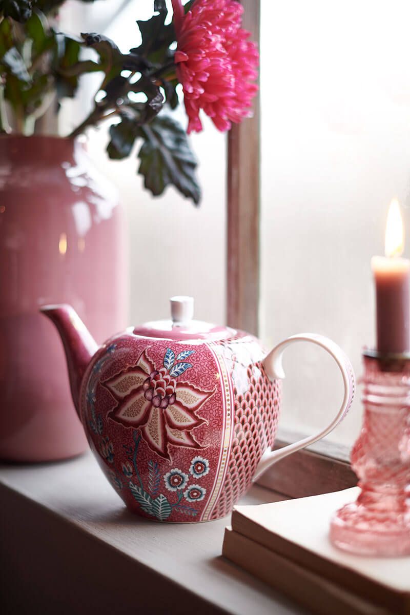 Pip Studio Flower Festival velká čajová konvice 1,6l, tmavě růžová