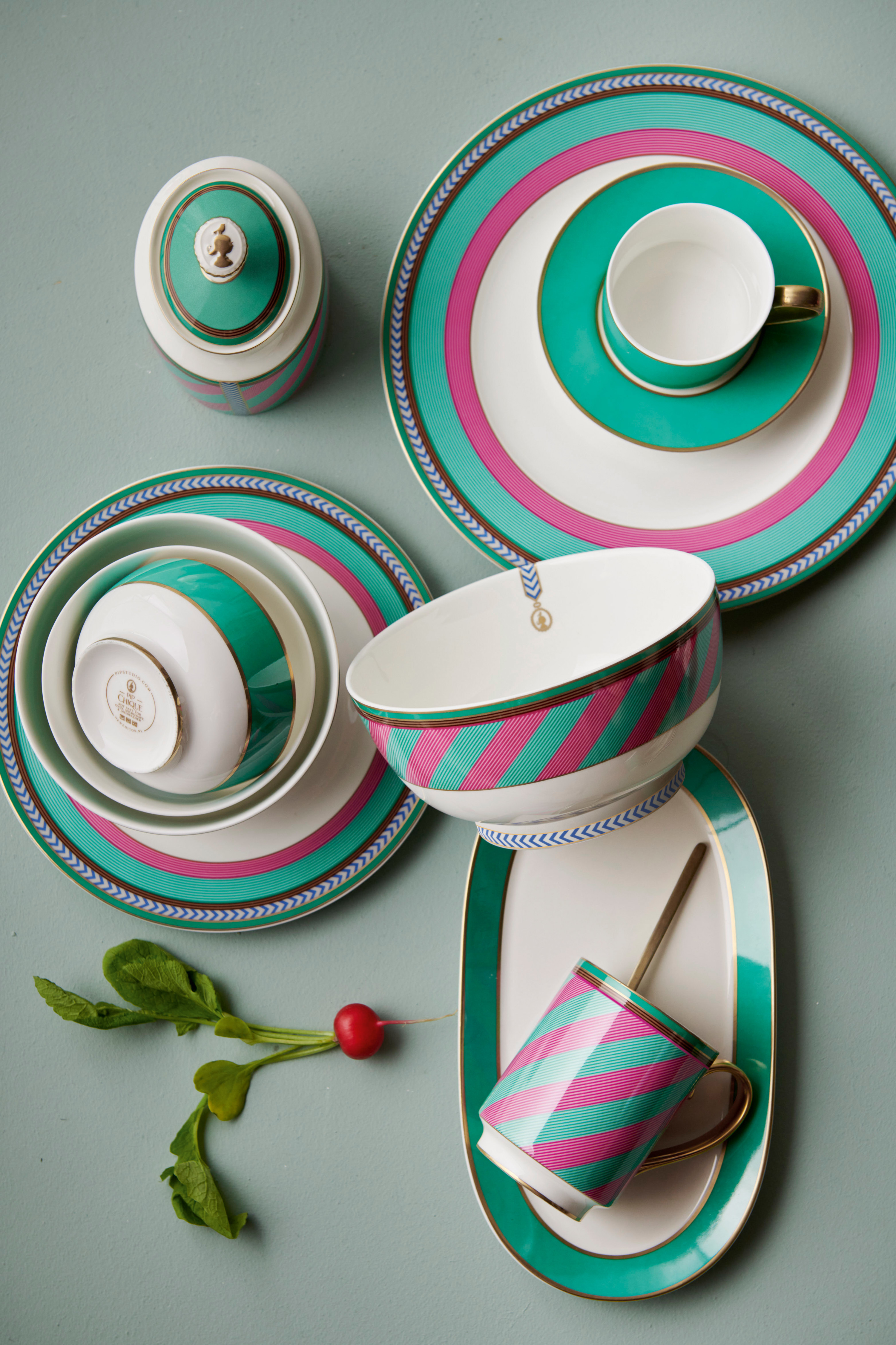 Pip Studio Pip Chique Stripes hluboký talíř ∅23,5cm, růžovo-zelený