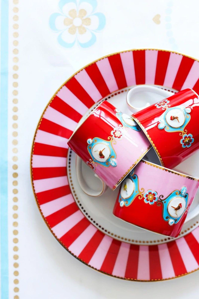 Pip Studio Love Birds Medallion hrnek 165ml, červeno-růžový