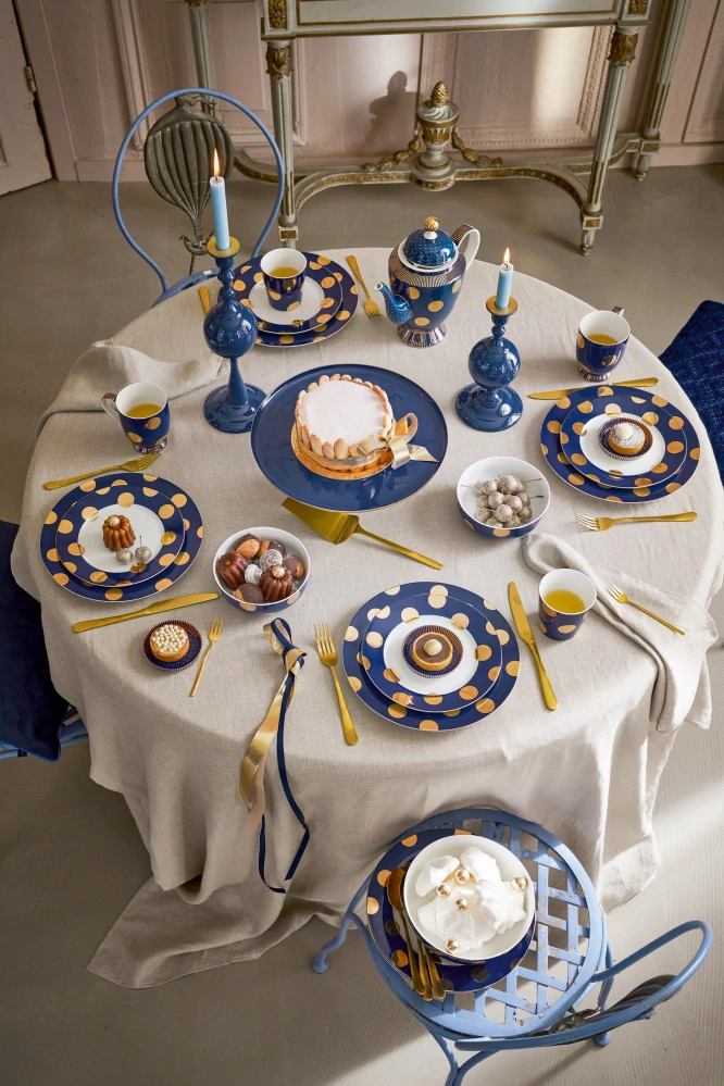 Pip Studio Dot Delight Navy-Gold hrnek bez ucha s odkládacím táckem 270ml, modro-zlatý