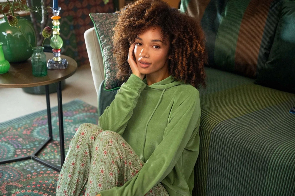 Pip Studio Tamari sametová mikina s kapucí zelená