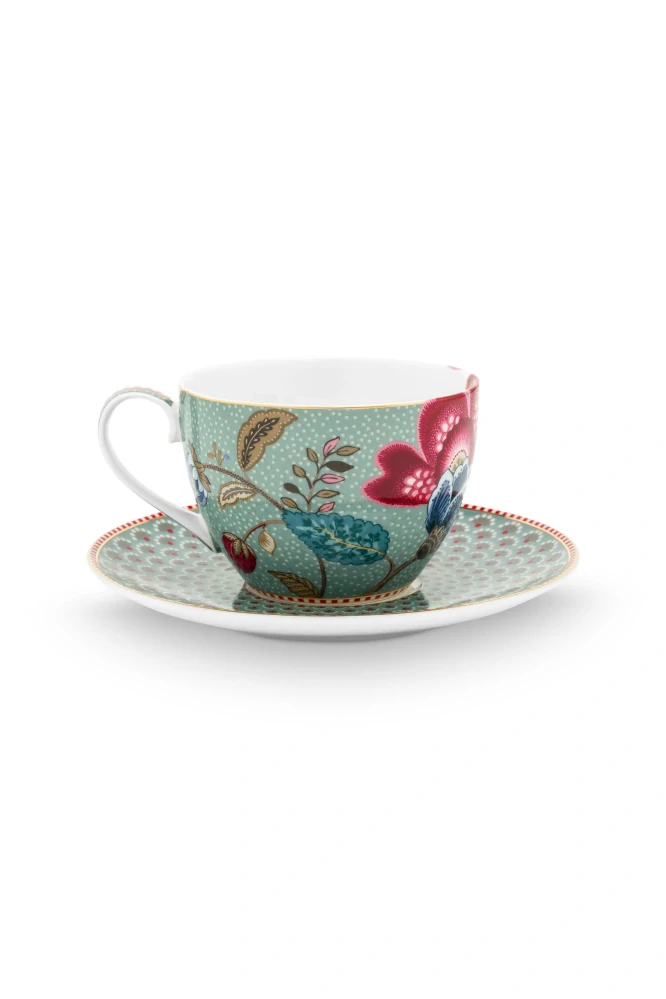Pip Studio Blooming Tales cappuccino šálek s podšálkem 270ml, modrý