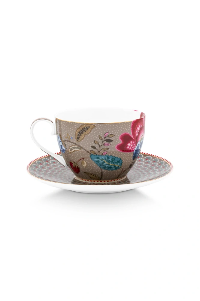Pip Studio Blooming Tales cappuccino šálek s podšálkem 270ml, khaki