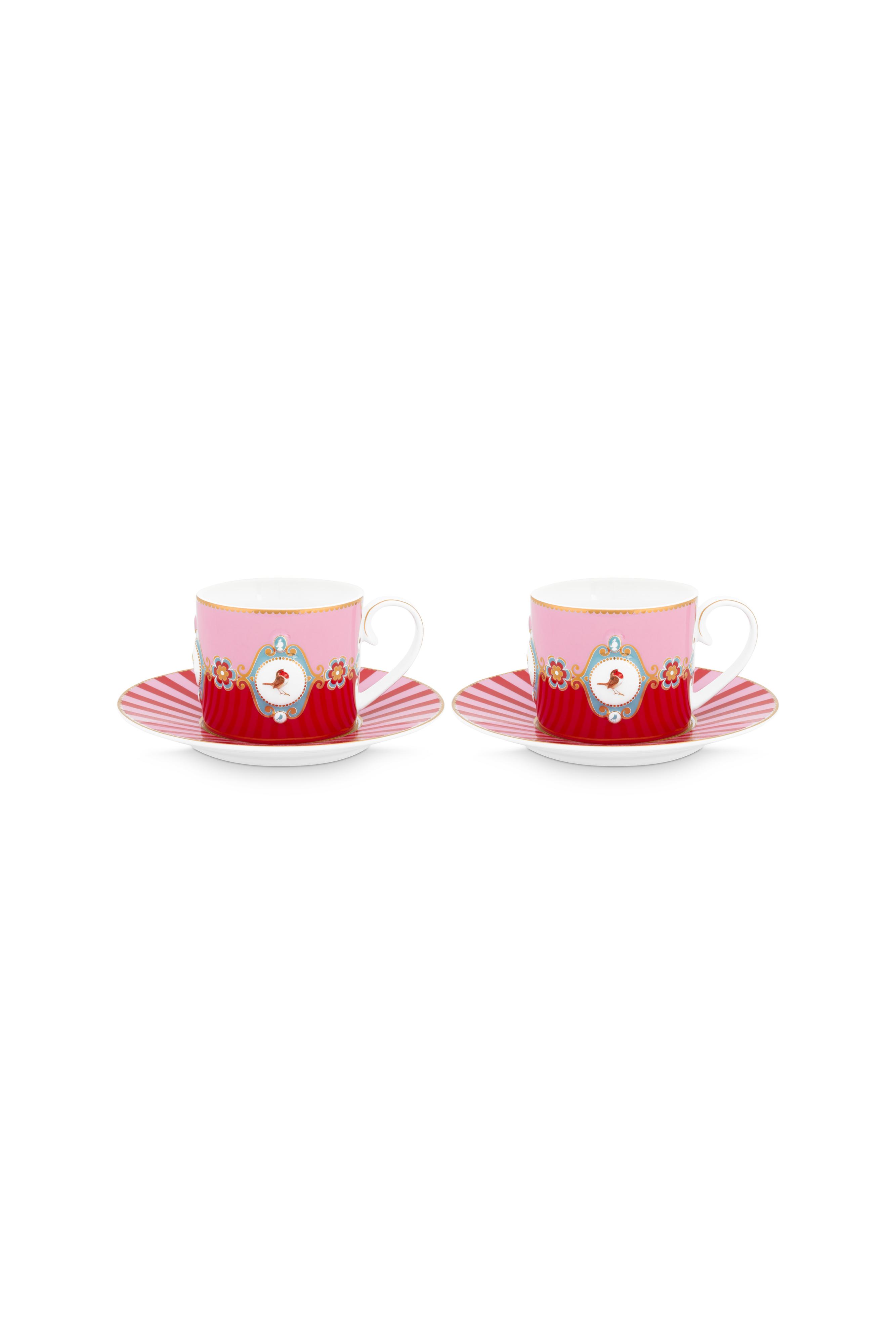 Pip Studio Love Birds sada 2 ks cappuccino šálků s podšálky 225 ml, červeno-růžová