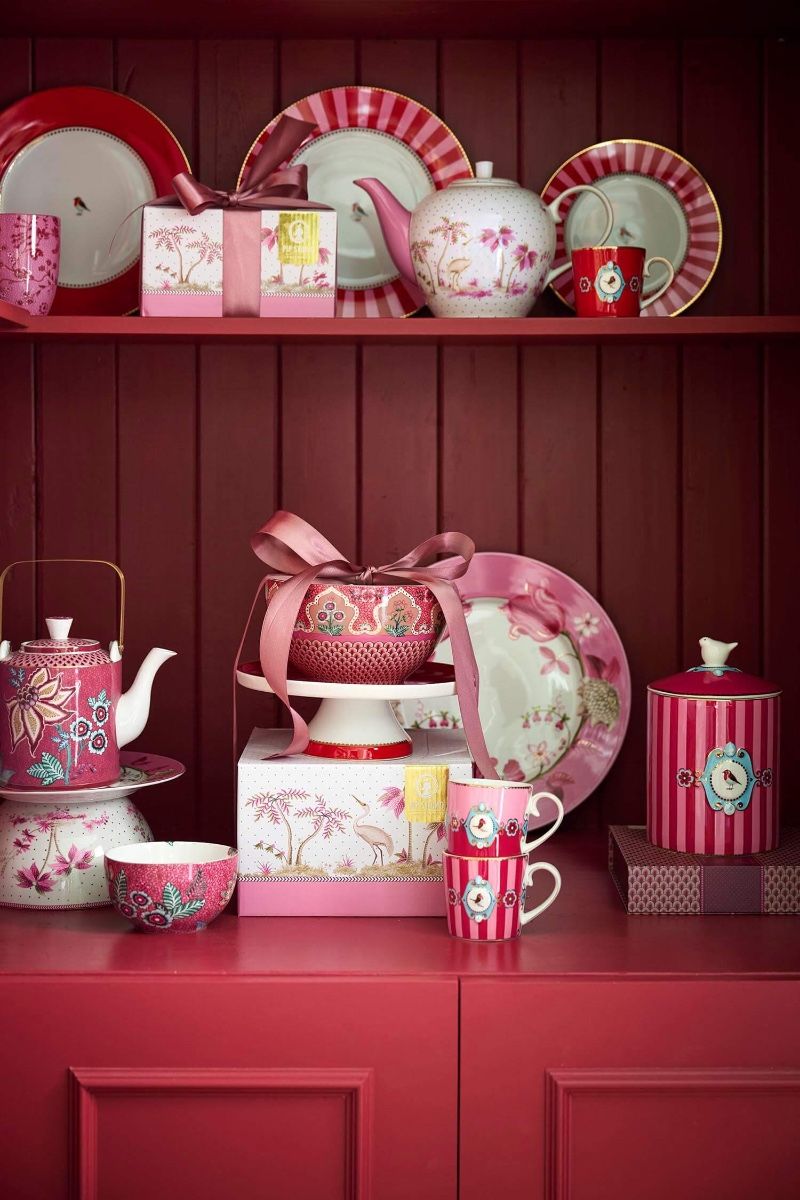 Pip Studio Love Birds Strispes dóza 1,3 l - červeno-růžová