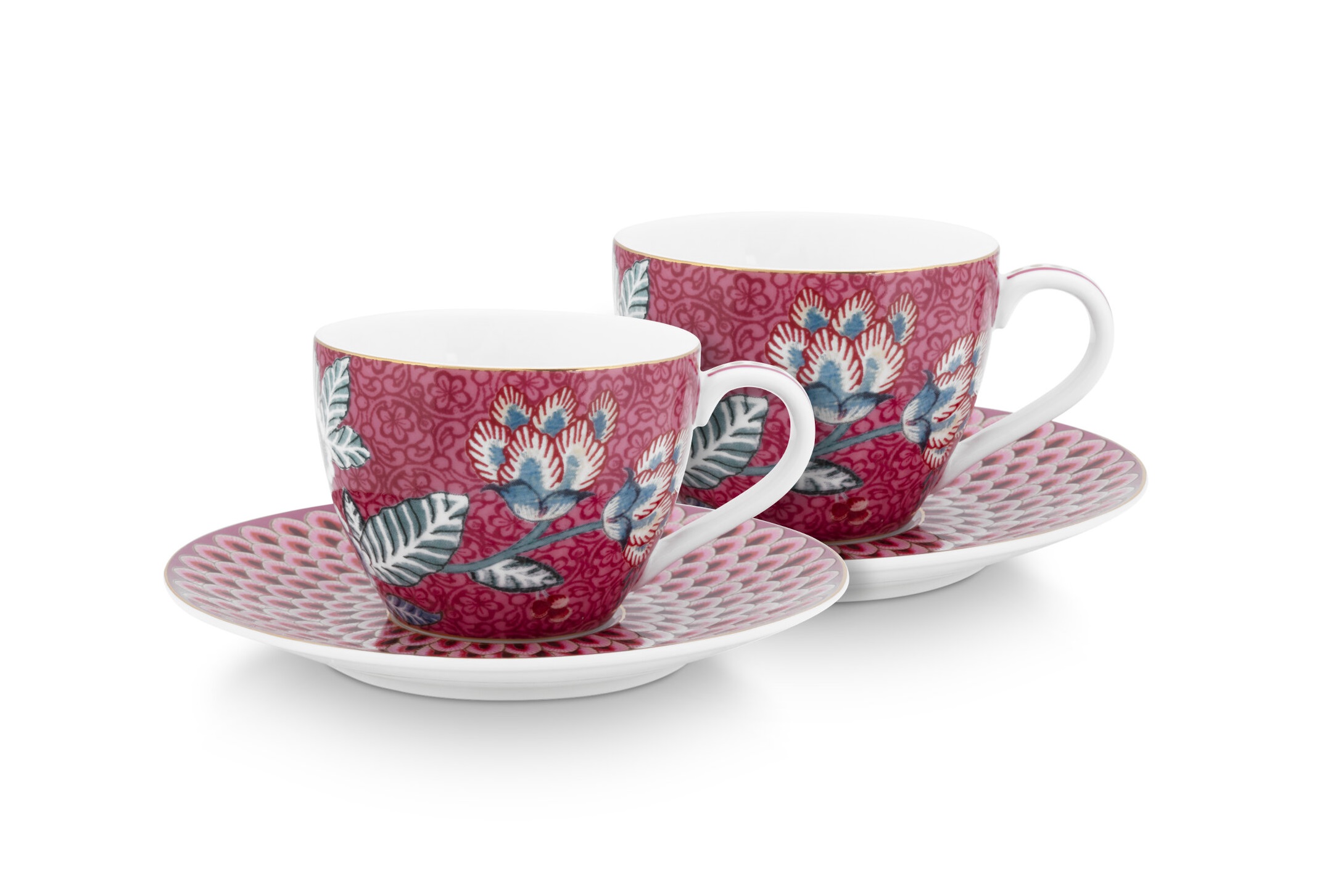 Pip Studio Flower Festival sada 2 espresso šálků s podšálky, tmavě růžová