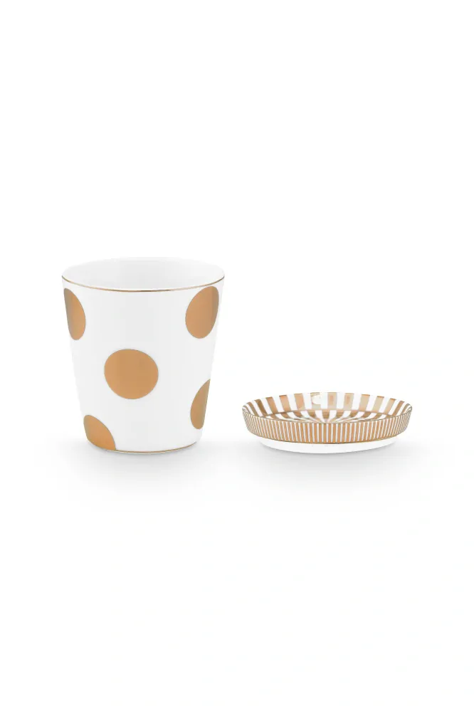 Pip Studio Dot Delight hrnek bez ucha s odkládacím táckem 270ml, bílo-zlatý