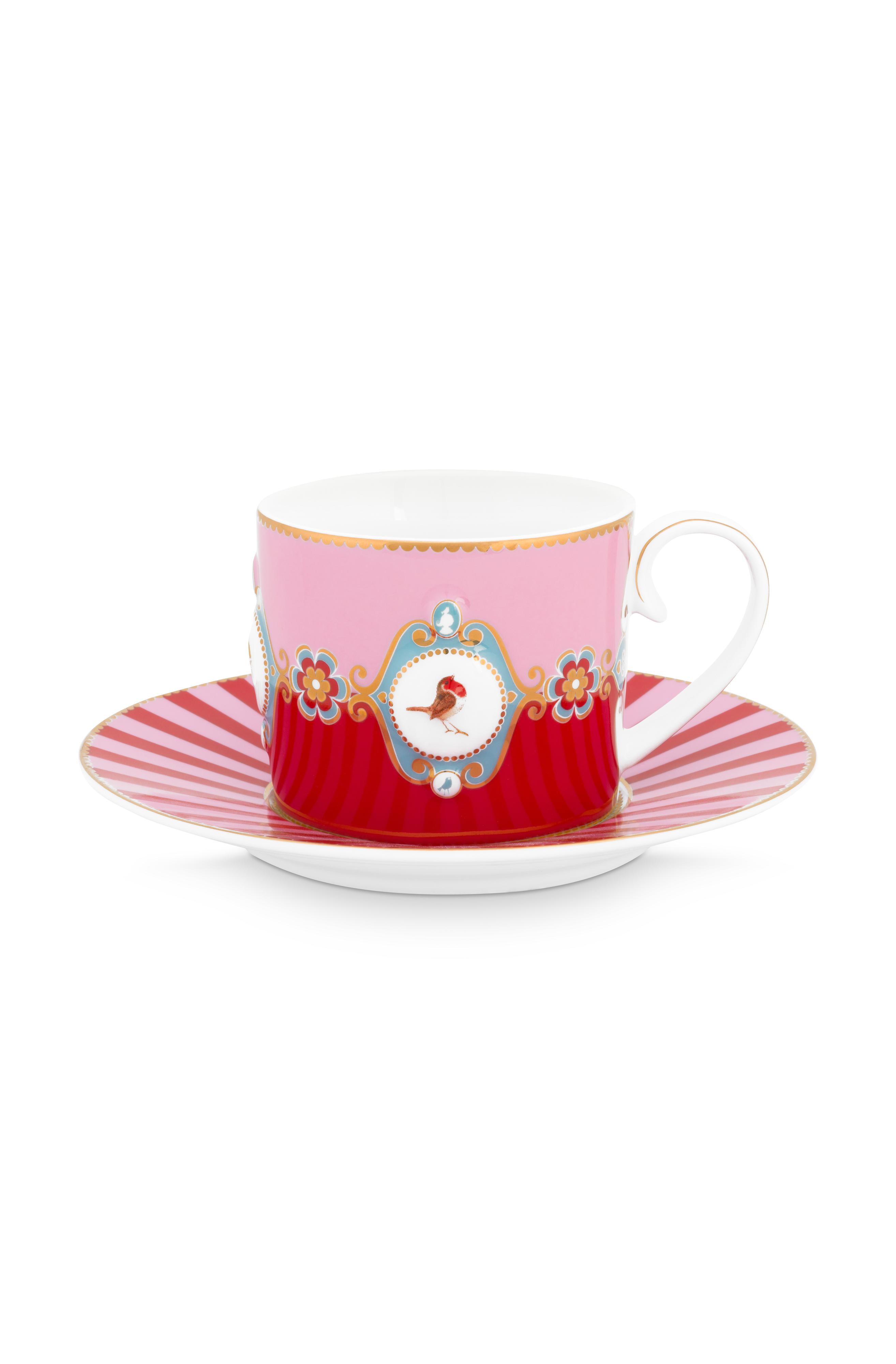 Pip Studio Love Birds sada 2 ks cappuccino šálků s podšálky 225 ml, červeno-růžová