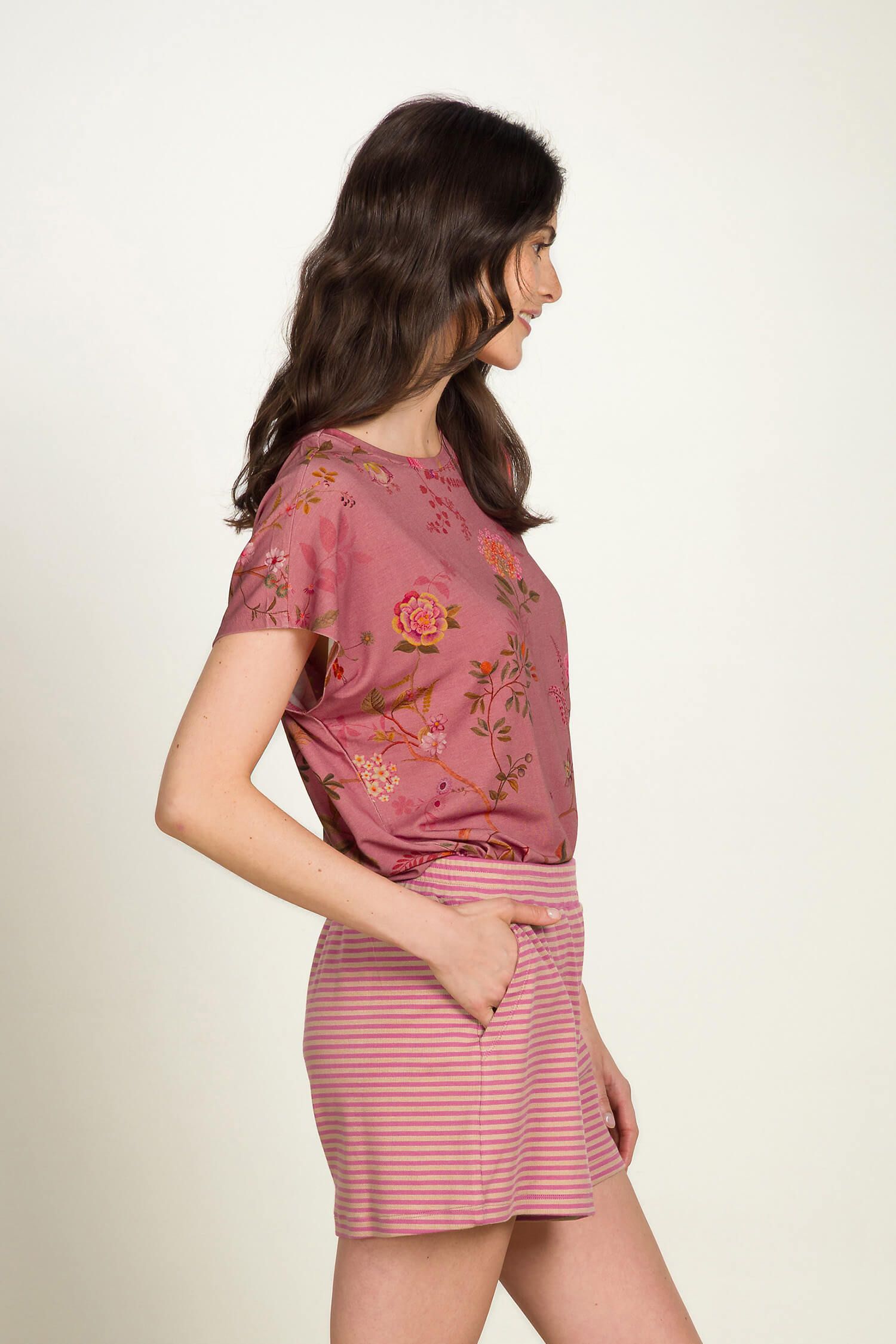 Pip Studio Tatum triko s krátkým rukávem Bodhi Flower, tmavě růžové