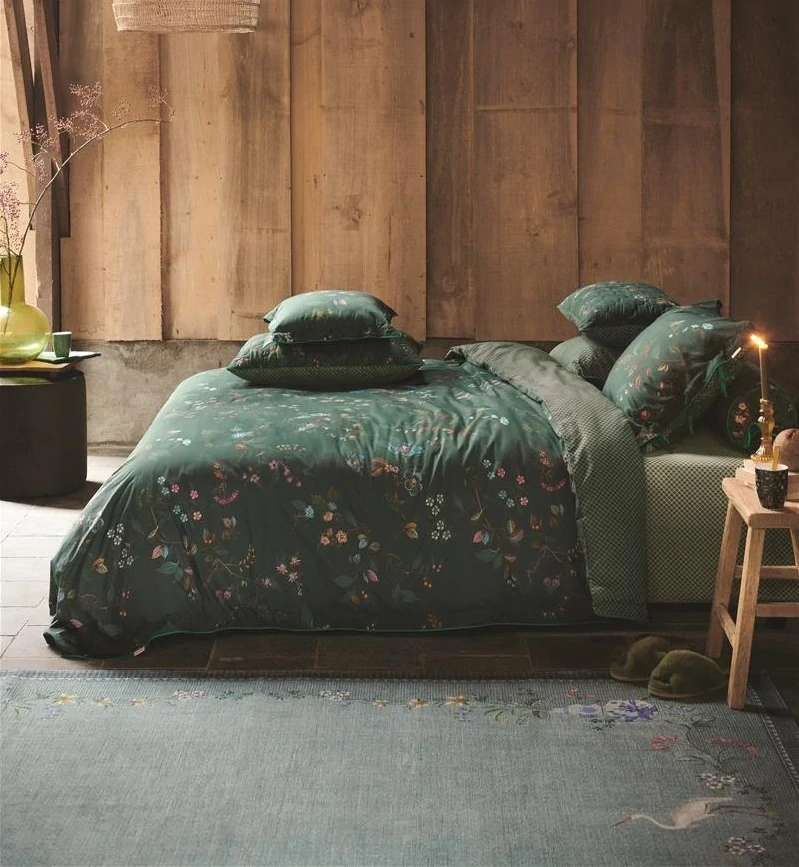 Pip Studio perkálové povlečení Kawai Flower tmavě zelené 200x200 + 2x 70x90 cm