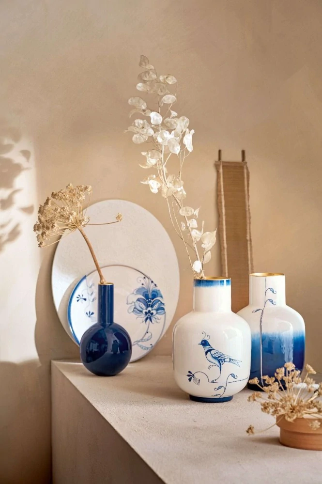 Pip Studio kovová váza The Blue Bird modro bílá velká