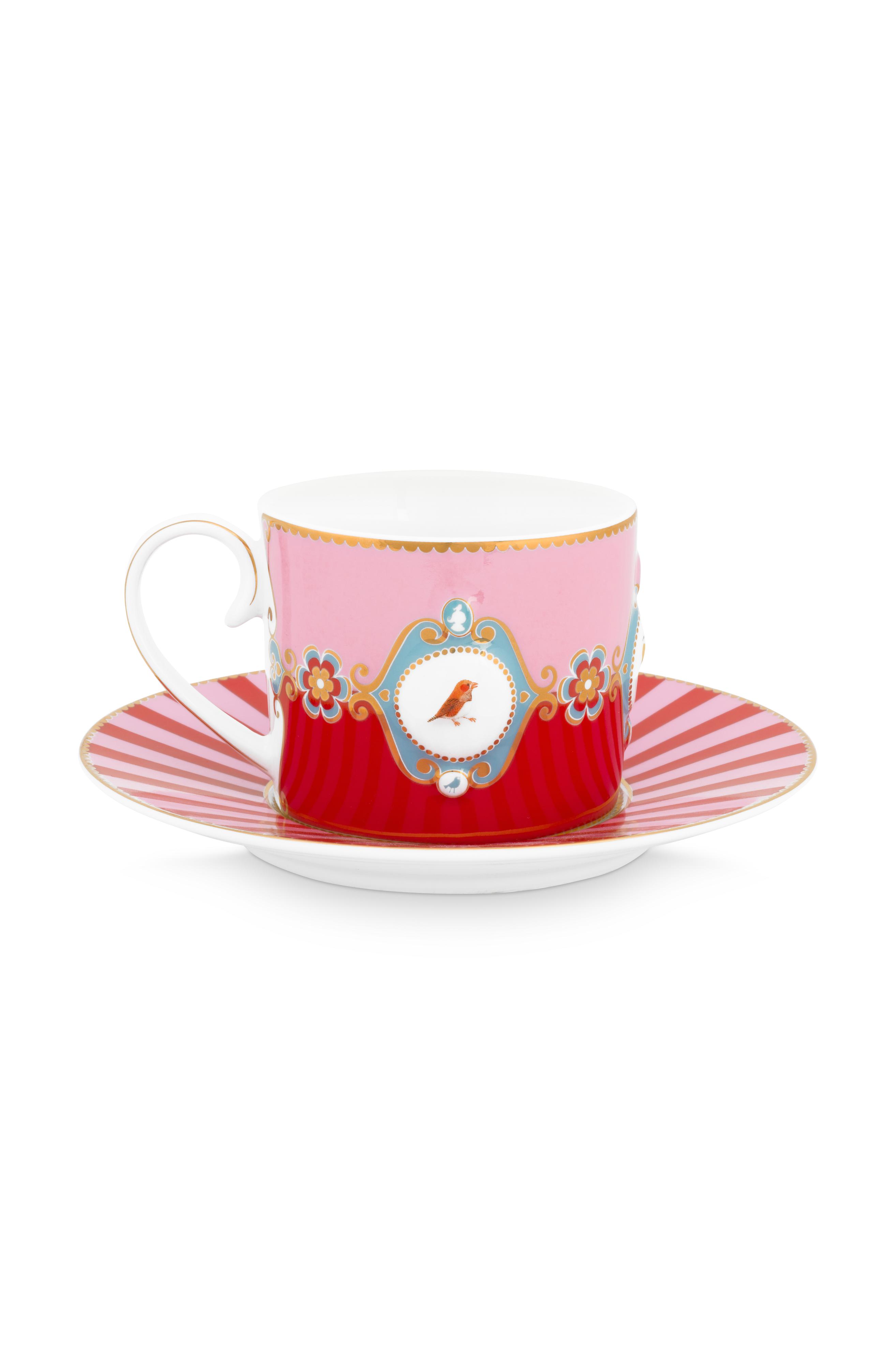 Pip Studio Love Birds sada 2 ks cappuccino šálků s podšálky 225 ml, červeno-růžová