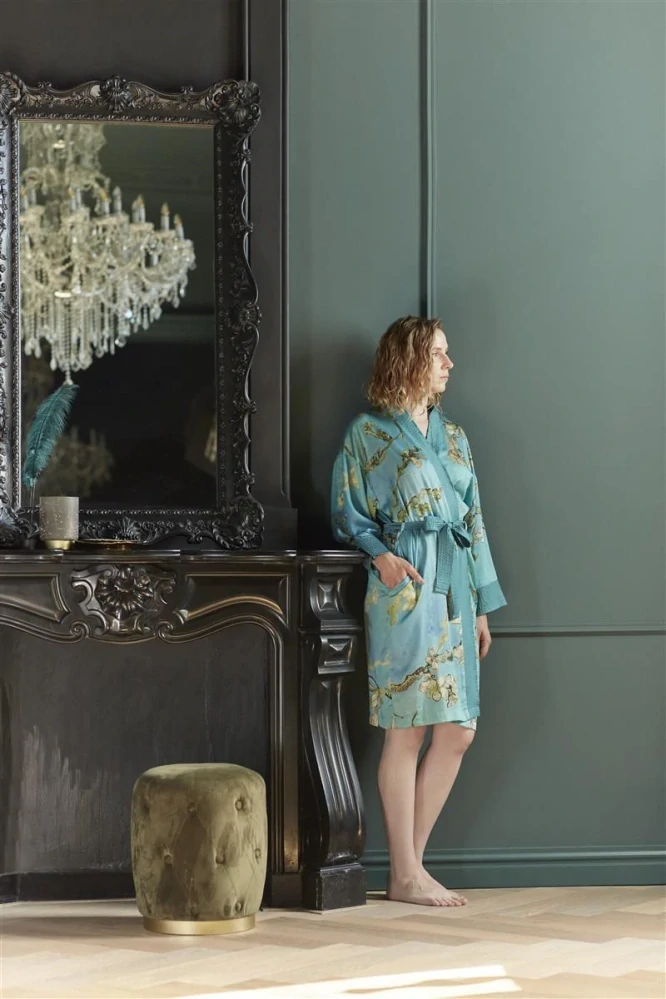 Van Gogh dámské saténové kimono Almond Blossom, modré
