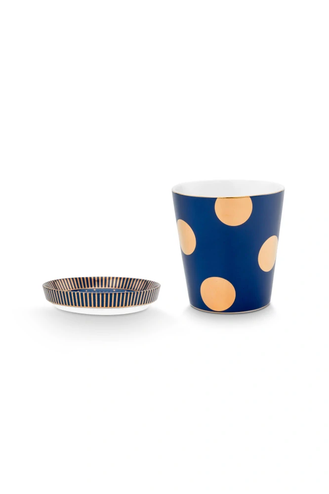 Pip Studio Dot Delight Navy-Gold hrnek bez ucha s odkládacím táckem 270ml, modro-zlatý
