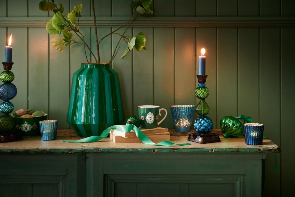 Pip Studio Love Birds sada 3 ks skleněných svícnů 10x10,5 cm, zeleno-modrá